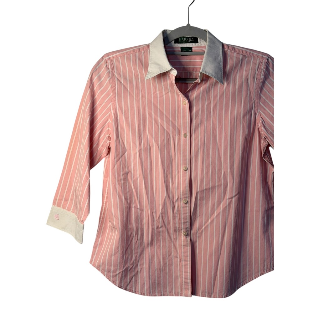 VTG Lauren Ralph Lauren Button Down Pink Striped Preppy WorkWear Shirt 12P Women
